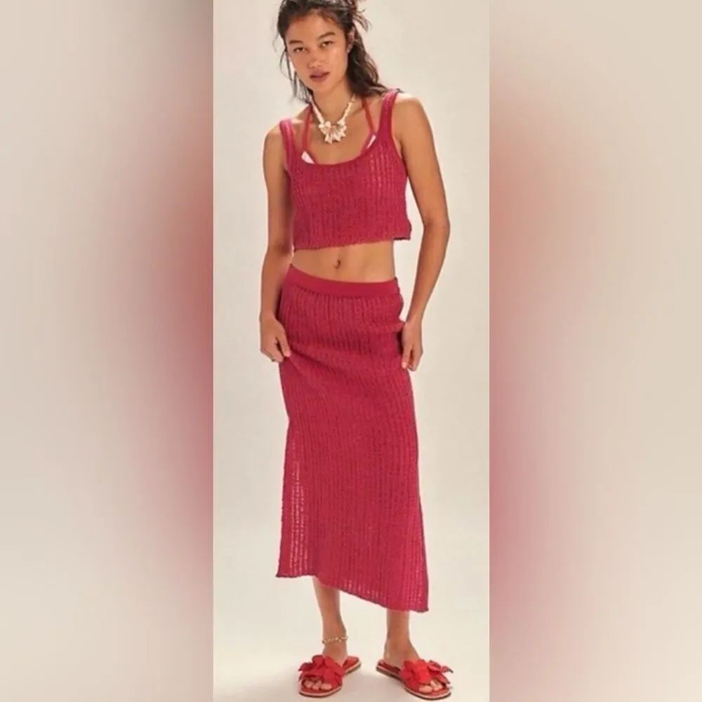 FP Beach Free People red Havana crochet 2pc skirt tank set New